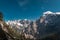 A distance view on massive, sharp rocky mountain range of Julian Alps in Slovenia