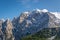 A distance view on massive, sharp rocky mountain range of Julian Alps in Slovenia