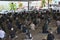 Distanced Muslim men sitting in jumah prayer after 3 months quarantine in Turkey