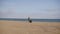 Distant footage. A young family walks along the beach next to the sea in cold weather, the father is holding a kite in