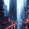 Distant Future Neon-lit Dystopian Town 3D Photorealistic Illustration