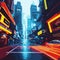 Distant Future Photorealistic 3D Surreal Neon-lit Town Illustration