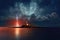 distant lighthouse with lightning strike over the sea