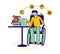 Distant Online Education. Young Man Student Character in Medical Mask Work on Laptop Sitting at Desk with Books Piles
