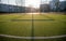 A distant shot of a goal on a football field.