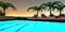 Distant sunrise behind the palm trees visible from the illuminated pool. Three red sun loungers for comfort and relax on the