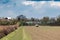 Distant view of a crop spraying tractor.