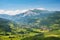 distant view of a sprawling mountain hamlet in summertime