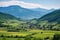 distant view of a sprawling mountain hamlet in summertime