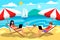 Distant work and freelance during summer on holidays at seaside in recliner on sand with laptop vector illustrations concept