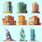 Distinctive  modern and  old  buildings icons set