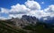 Distinctive mountains in the dolomites and dramatic clouds in the sky