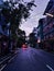 A distinctively busy road on a rainy day