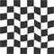 Distorted black and white chessboard texture. Chequered visuall illusion. Psychedelic pattern with warped squares