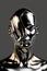 Distorted face of mannequin made of metal. Surrealist art and modern concept.