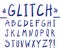 Distorted font. Glitch handwritten alphabet on white background with blue and red channels.