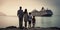 Distressed family at the harbor, watching as their cruise ship sails away, realizing their missed vacation , concept of