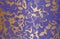 Distressed overlay texture of golden blue violet fabric. Textile with eastern floral ornament, leaves and flowers. grunge