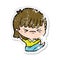 distressed sticker of a annoyed cartoon girl falling over