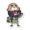 distressed sticker of a cartoon crazy happy man with beard and gift under arm