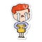 distressed sticker of a cartoon man crying holding book