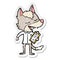 distressed sticker of a cartoon saleman wolf laughing