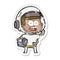 distressed sticker of a cartoon surprised astronaut holding moon rock