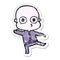 distressed sticker of a cartoon weird bald spaceman dancing