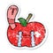distressed sticker of a cartoon worm eating an apple