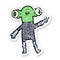 distressed sticker of a friendly cartoon alien giving peace sign