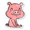 distressed sticker of a nervous cartoon pig sitting