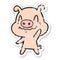 distressed sticker of a nervous cartoon pig waving