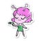 distressed sticker of a smiling alien girl cartoon pointing ray gun