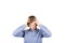 Distressed teenager boy mess in head, hands covering ears, eyes closed feeling pain, isolated over white background. Headache