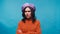 distrustful woman in purple beret and