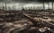 Disturbing destroyed ugly industrial landscape with smokestacks and factory buildings under dark overcast sky, made with