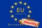 Disunity  advertisement with gummed paper tape. EU symbol  official colors of the flag. Cartoon. Pandemic Covid-19.