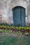 Disused old city green garden arched doorway.