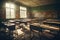 Disused old retro classroom with dusty desks and chairs. Generative ai