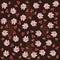 Ditsy floral endless pattern. Tiny roses and small cosmos flowers, petals and leaves on dark brown background. Print for fabric