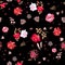 Ditsy floral seamless pattern with red and pink roses,bell and cosmos flowers and leaves of dandelion, viburnum and sagebrush