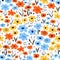 Ditsy flower field seamless vector pattern. Blue orange yellow black floral background. Repeating flower backdrop