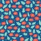 Ditsy Flower pattern seamless vector background. Red and teal green florals on a blue background. Repeating ditsy flower