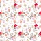Ditsy seamless floral pattern with various roses, daisies and leaves on white background
