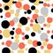 Ditsy vector polka dot pattern with random hand painted circles in white, black, coral red, silver, gold colors