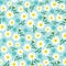 ditsy white yellow daisy flower and green leaves with mint blue background.