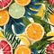 Dive into the essence of summer with this seamless pattern, where vibrant citrus slices and dynamic foliage burst with