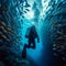 Dive exploration, fish ballet, scuba diver amidst, underwater symphony