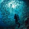 Dive exploration, fish ballet, scuba diver amidst, underwater symphony