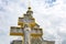 Diveevo, Russia. June 12, 2021. Orthodox church with golden domes with crosses. Christian temple